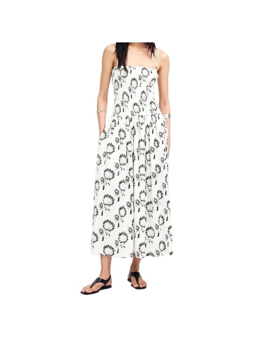 Madewell Poplin Peony Maxi Dress Smocked Top Black White Size Large